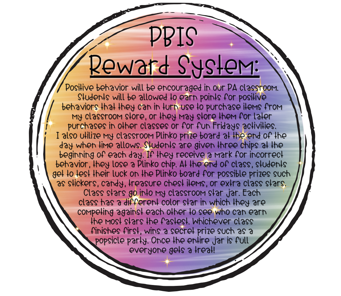 Positive behavior will be encouraged in our PA classroom. Students will be allowed to earn points for positive behaviors that they can in turn use to purchase items from my classroom store, or they may store them for later purchases in other classes or for fun Fridays activities. I also utilize my classroom Plinko prize board at the end of the day when time allows. Students are given three chips at the beginning of each day. If they receive a mark for incorrect behavior, they lose a Plinko chip. At the end of class, students get to test their luck on the Plinko board for possible prizes such as stickers, candy, treasure chest items, or extra class stars. Class stars go into my classroom star jar. Each class has a different color star in which they are competing against each other to see who can earn the most stars the fastest. Whichever class finishes first, wins a secret prize such as a popsicle party. Once the entire jar is full everyone gets a treat!
